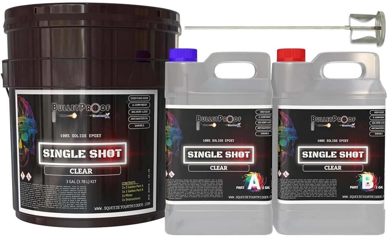 Bulletproof: Single Shot (Pre-Tinted) 100% Solids Epoxy - 3 Gallon Kit + Mixer - Clear image