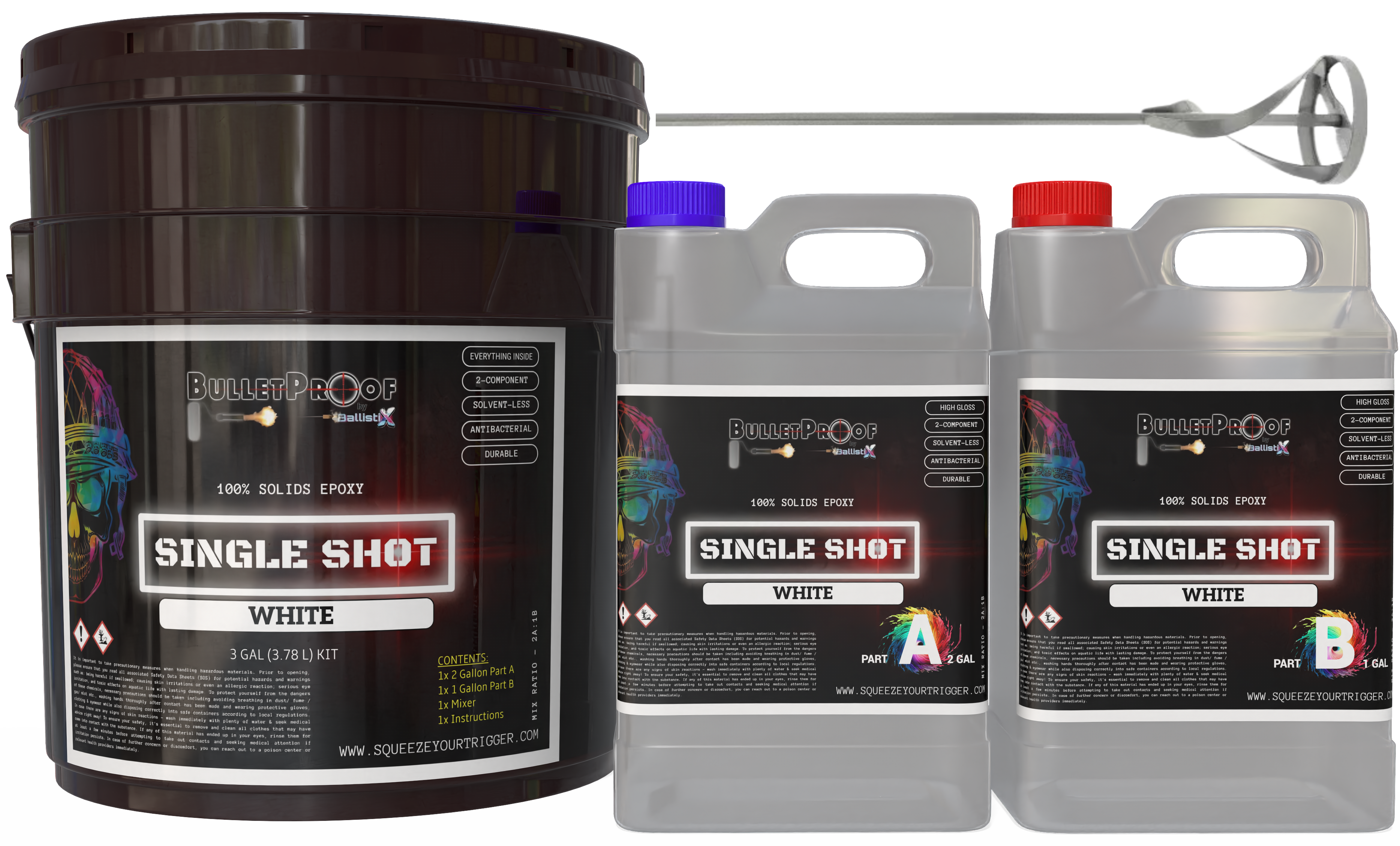 Bulletproof: Single Shot (Pre-Tinted) 100% Solids Epoxy - 3 Gallon Kit + Mixer - White image