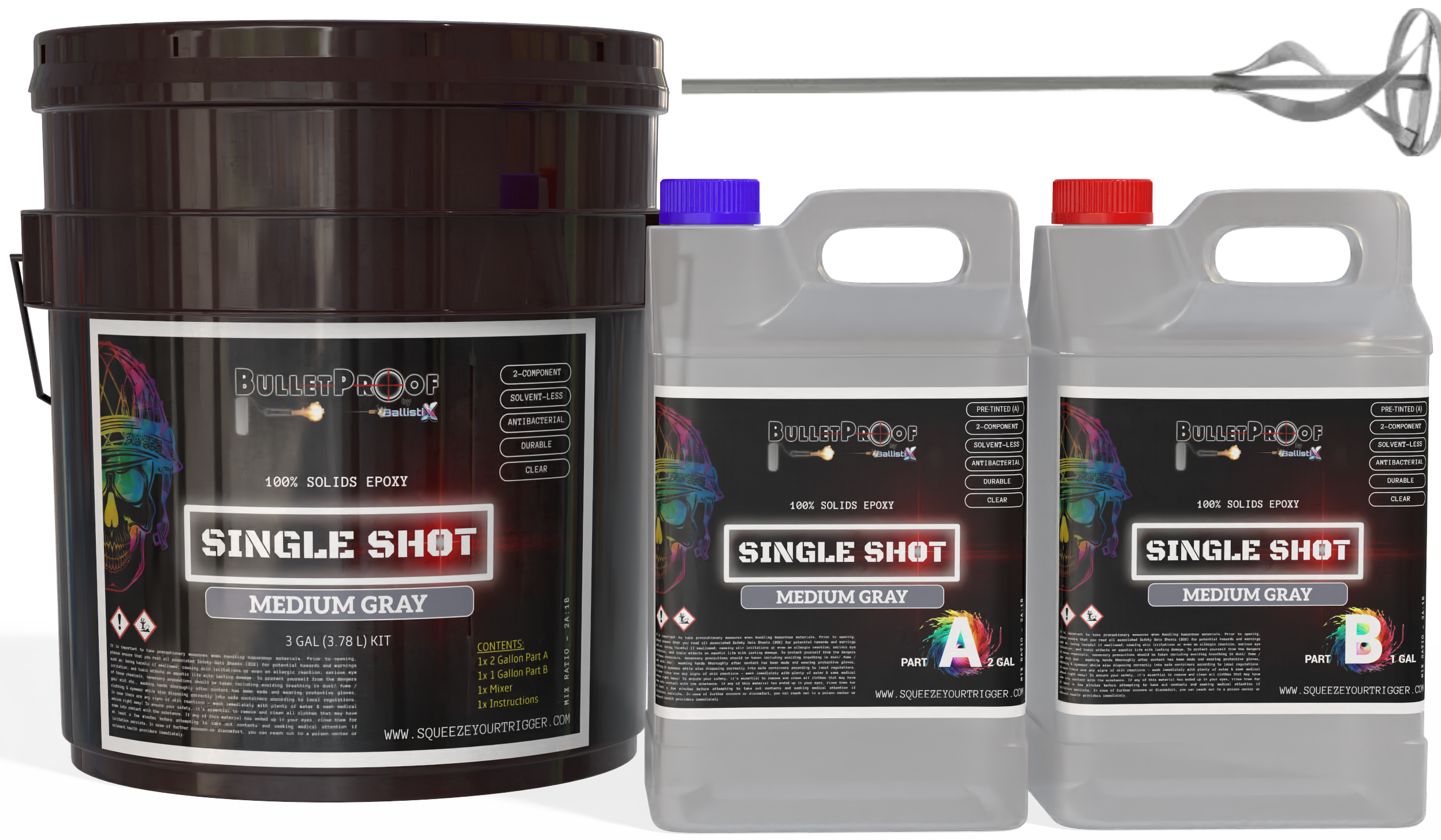 Bulletproof: Single Shot (Pre-Tinted) 100% Solids Epoxy - 3 Gallon Kit + Mixer - Medium Gray image